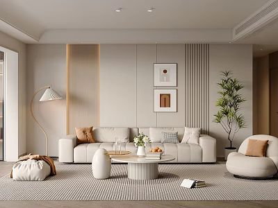 Modern Living Room With Upholstered Sofa Round Coffee Table Floor Lamp Wall Art And Plant 3d model