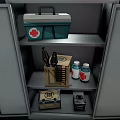 Open Metal Medical Equipment Cabinet with First Aid Kit Instrument Case and Bottles