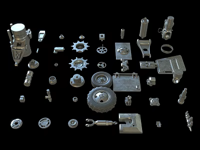 Assorted Metal Mechanical Parts In Various Shapes Displayed On Black Background 3d model