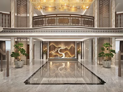 Elegant Luxurious Hotel Lobby Interior With Marble Floor Golden Chandelier Staircase And Green Plants 3d model