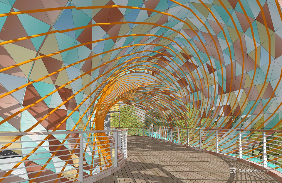 Garden Landscape Featuring Colorful Geometric Arched Roof Wooden Walkway And Green Plants 3d model 