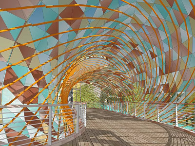 Garden Landscape Featuring Colorful Geometric Arched Roof Wooden Walkway And Green Plants 3d model