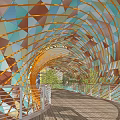 Garden Landscape Featuring Colorful Geometric Arched Roof Wooden Walkway And Green Plants