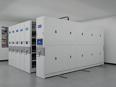 White Compact Shelving Units With Control Panel And Tracks In Room Interior 3d model