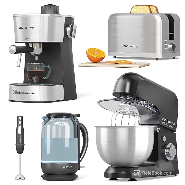 Essential Kitchen Appliances Including Coffee Maker Toaster Mixer Kettle and Orange Slices 3d model 