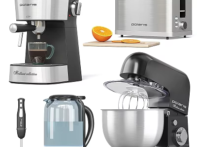 Essential Kitchen Appliances Including Coffee Maker Toaster Mixer Kettle and Orange Slices 3d model