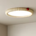 Round Cream Ceiling Light with Ribbed Design and Red Button in Minimalist White Ceiling Interior 3d model