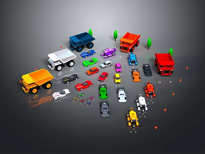Colorful Toy Cars Various Types Including Trucks And Vehicles With Green Trees And Orange Decorations 3d model