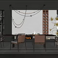 Modern Restaurant Interior Design With Dining Table Leather Chairs Pendant Lights And Decorative Wall 3d model