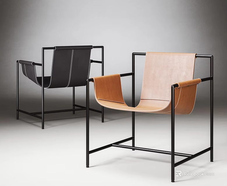 Modern Accent Chairs With Leather Upholstery Black Metal Frame And Tan Black Color Design 3d model 