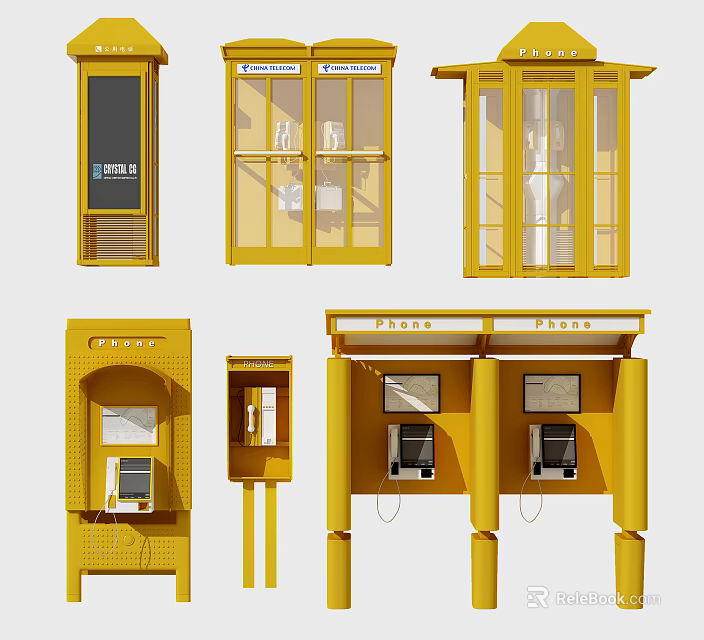 Yellow Public Phone Booths With Glass Doors And Telephone Equipment 3d model 