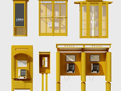Yellow Public Phone Booths With Glass Doors And Telephone Equipment 3d model