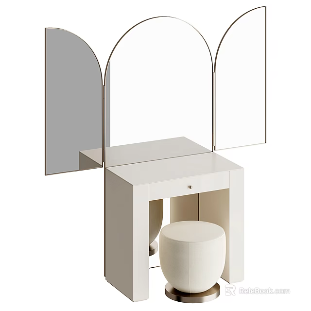 Modern White Dressing Table with Three Arched Mirrors and Round Upholstered Stool 3d model 
