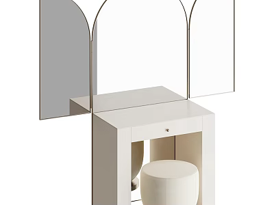Modern White Dressing Table with Three Arched Mirrors and Round Upholstered Stool 3d model