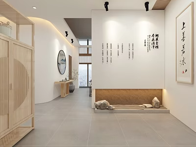 Chinese Style Office Interior Featuring Wooden Furniture Calligraphy Decorations And Stone Benches 3d model
