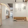 Chinese Style Office Interior Featuring Wooden Furniture Calligraphy Decorations And Stone Benches