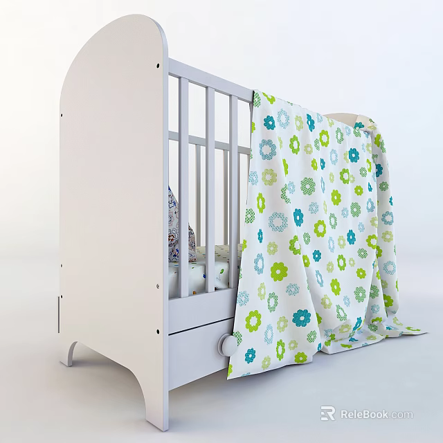 White Baby Crib With Floral Patterned Blanket Railings And Drawer Design 3d model 