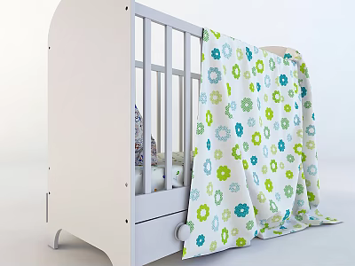White Baby Crib With Floral Patterned Blanket Railings And Drawer Design 3d model