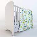 White Baby Crib With Floral Patterned Blanket Railings And Drawer Design