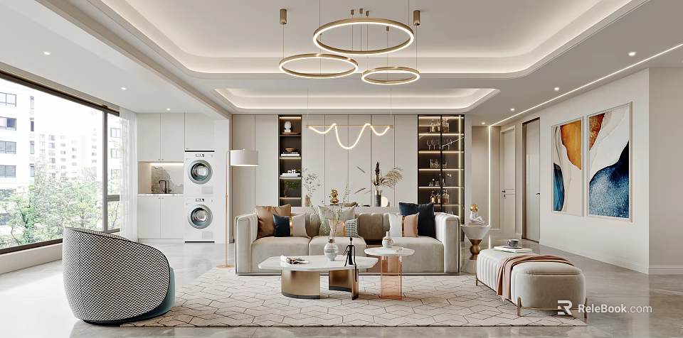 Elegant Modern Living and Dining Room Interior With Circular Pendant Lights Sofa And Coffee Table 3d model 