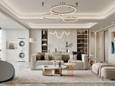 Elegant Modern Living and Dining Room Interior With Circular Pendant Lights Sofa And Coffee Table 3d model