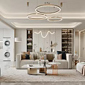 Elegant Modern Living and Dining Room Interior With Circular Pendant Lights Sofa And Coffee Table