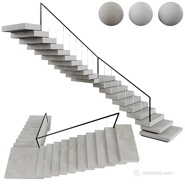 Modern Concrete Staircase Design With Metal Handrail And Glass Railing 3d model 