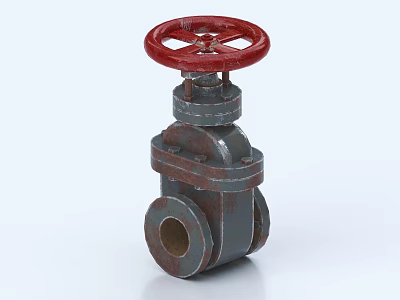 Industrial Gate Valve With Red Wheel Handle And Gray Rusty Metal Body 3d model