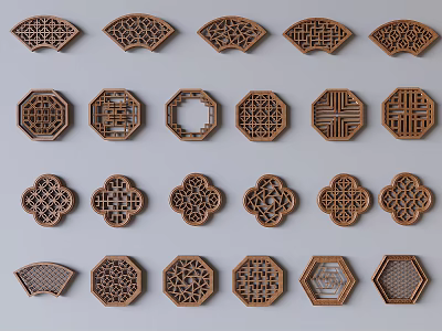 Traditional Wooden Carved Lattice Windows With Diverse Ornate Patterns And Shapes 3d model
