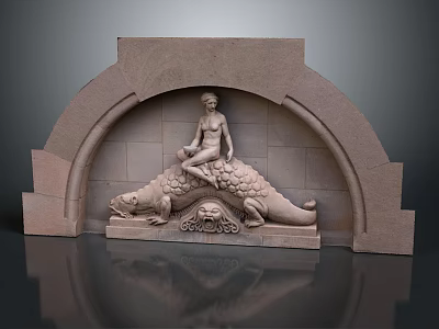 Intricate Stone Sculpture Featuring Female Figure Seated On Crocodile Under Arched Structure 3d model