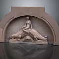 Intricate Stone Sculpture Featuring Female Figure Seated On Crocodile Under Arched Structure