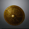 Golden Decorative Shield With Intricate Carvings Metal Rivets And Central Boss