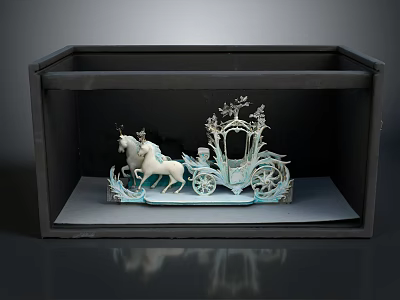 Decorative Model Carriage Pulled by Two White Horses Displayed in Black Box with Intricate Details 3d model