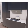 Modern Kitchen Cookware With Black Cabinets Range Hood And Stainless Steel Pot On Gas Stove