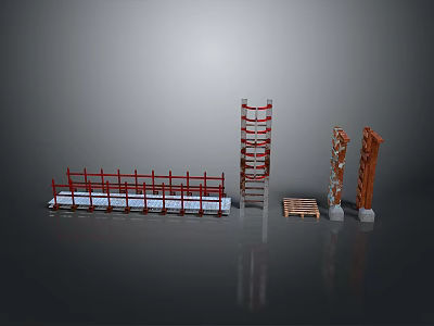 Red Construction Scene Components With Guardrails Ladders Columns And Platforms 3d model