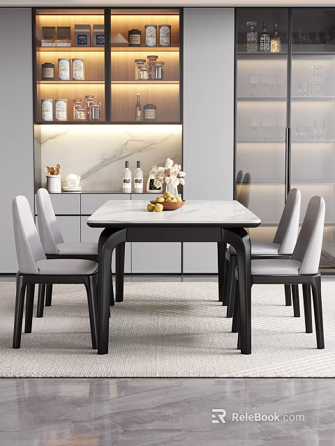 Modern Dining Table Set with Marble Tabletop Grey Chairs and Decor in Contemporary Dining Space 3d model 