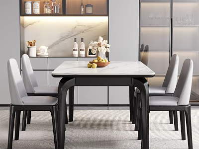 Modern Dining Table Set with Marble Tabletop Grey Chairs and Decor in Contemporary Dining Space 3d model