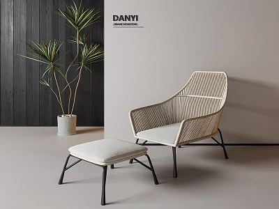 Modern Woven Single Chair With Light Cushion And Matching Ottoman Near Green Plant 3d model