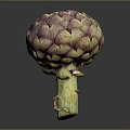 Fresh Purple Artichoke With Tightly Packed Leaves And Green Stem Against Dark Background