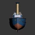 Blue Vintage Water Transport Vessel With Yellow Chimney Round Windows And Deck Seats