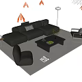 Modern Black Leather Sofa Coffee Table Set With Green Plant Single Chairs Floor Lamp