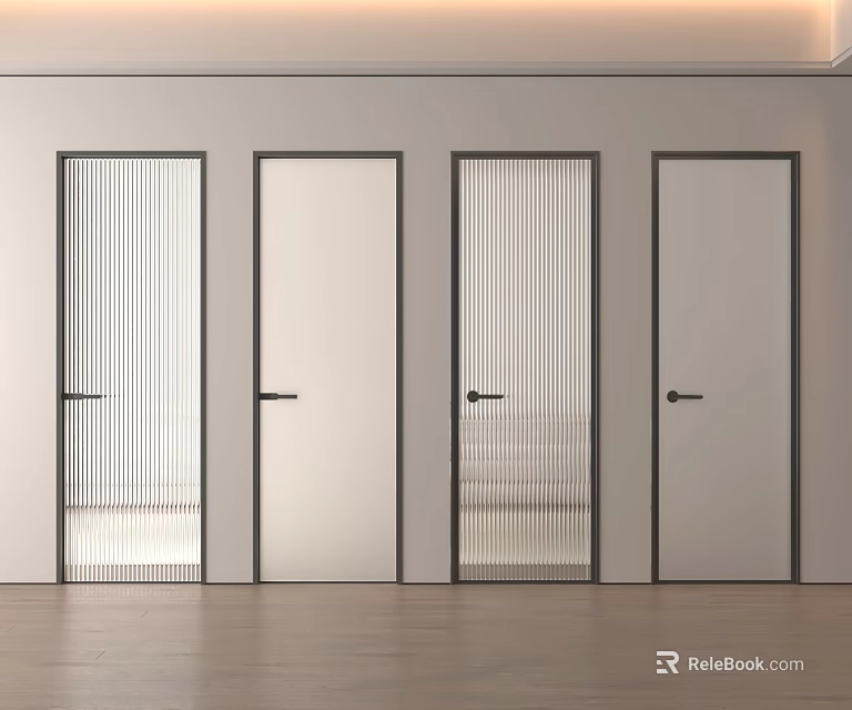 Four Modern Minimalist Hinged Doors With Glass And Solid Color Panel Designs 3d model