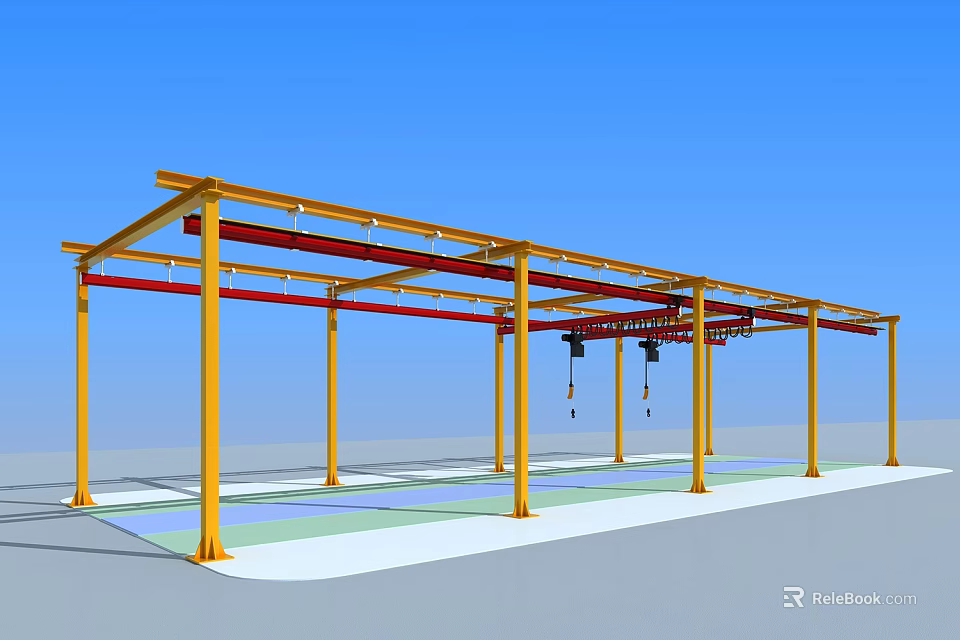 Industrial Gantry Crane Equipment with Yellow Frame Red Beams and Lifting Hooks 3d model 