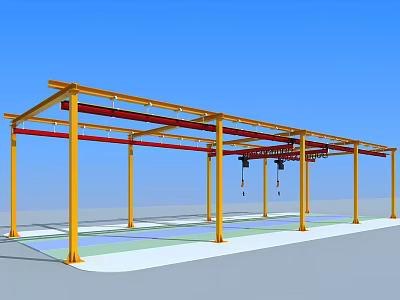 Industrial Gantry Crane Equipment with Yellow Frame Red Beams and Lifting Hooks 3d model