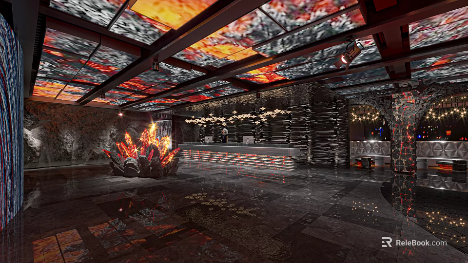 Luxurious Modern Clubhouse Interior With Decorative Ceiling Lighting Bar Counter Sculpture And Marble Floor 3d model 