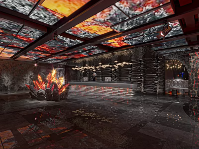 Luxurious Modern Clubhouse Interior With Decorative Ceiling Lighting Bar Counter Sculpture And Marble Floor 3d model