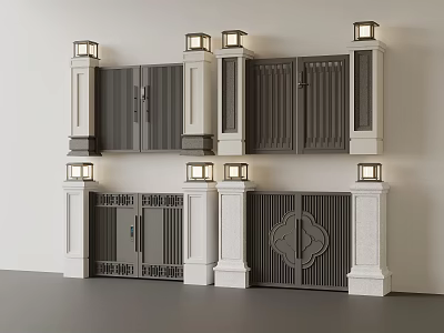 Modern Entry Gates With Stone Pillars And Wall Lamps 3d model