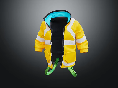 Yellow Safety Coat With Reflective Strips Black Lining And Green Drawstrings 3d model