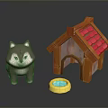 Cute Grey Puppy Toy With Wooden Dog House Red Roof Yellow Bowl And Blue Water