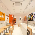 Modern Restaurant Interior With Orange Signage Wooden Tables Stairs And Menu Posters